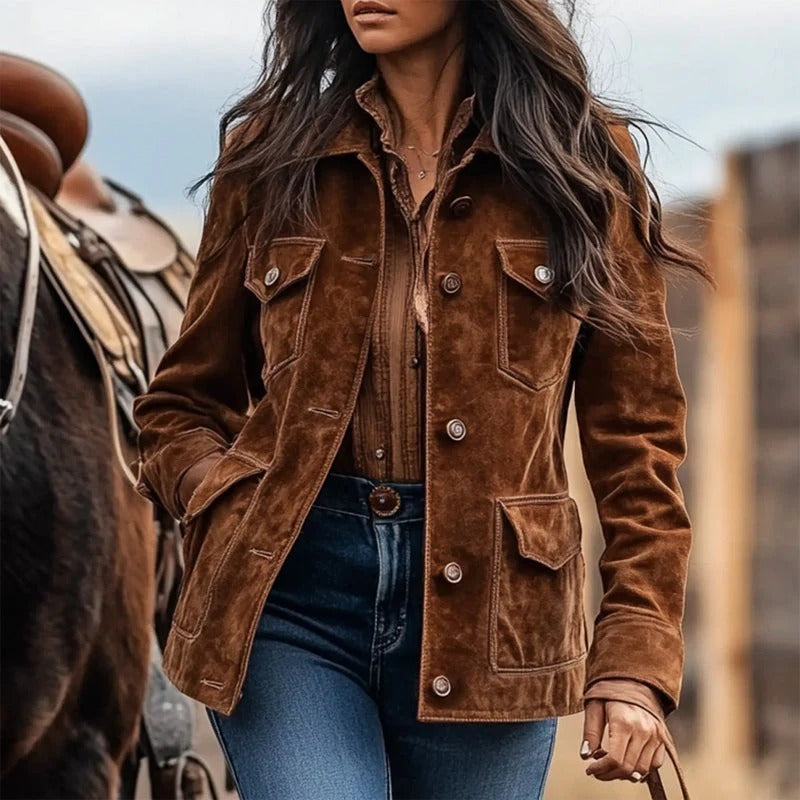Women’s Rustic Suede Button-Up Jacket - Western Casual Outerwear