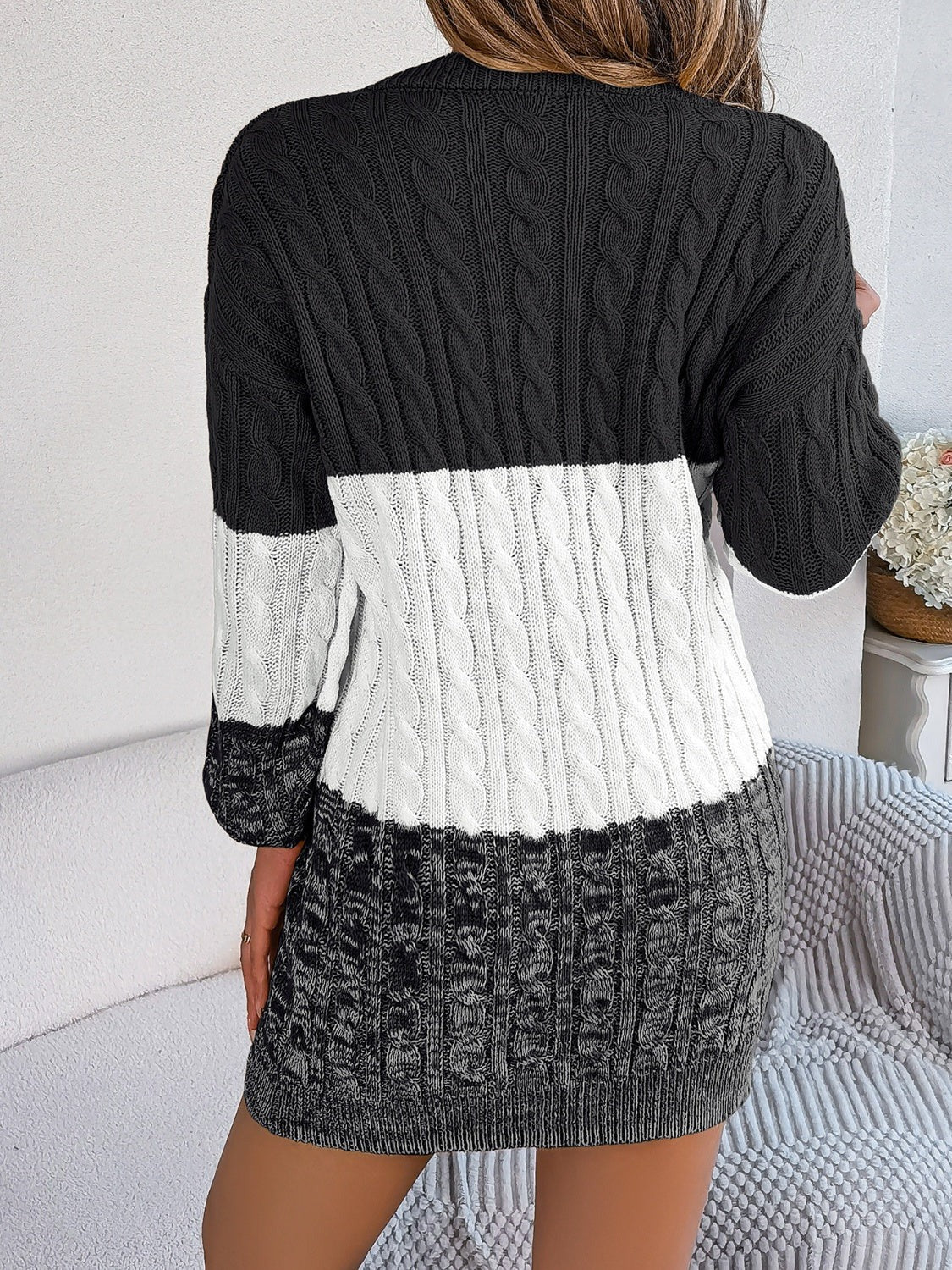 Women’s Cable Knit Sweater Dress - Two-Tone Long Sleeve Mini