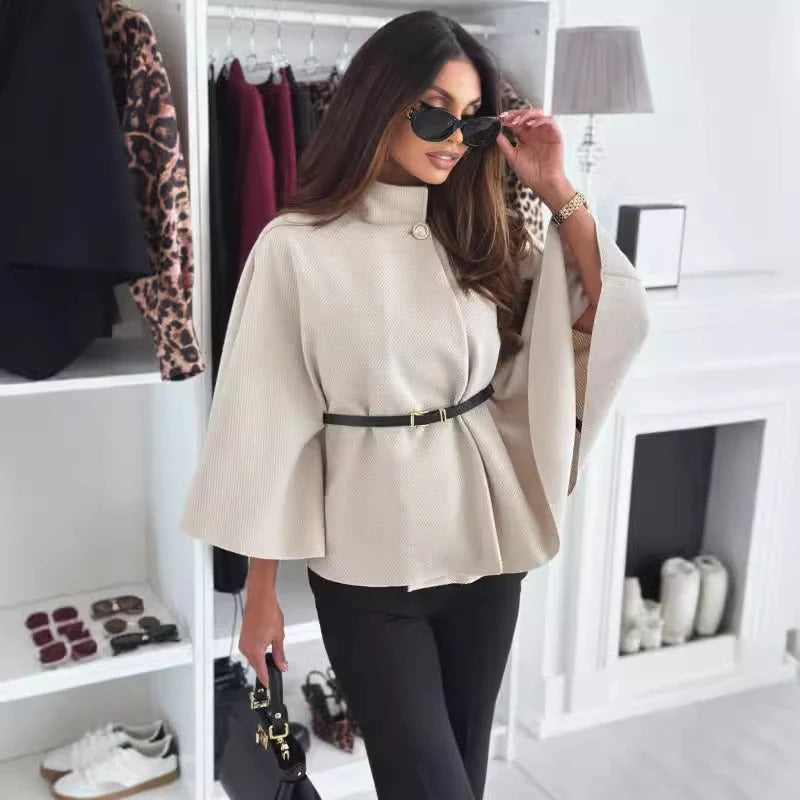 Women’s Belted Cape Jacket - Elegant High-Neck