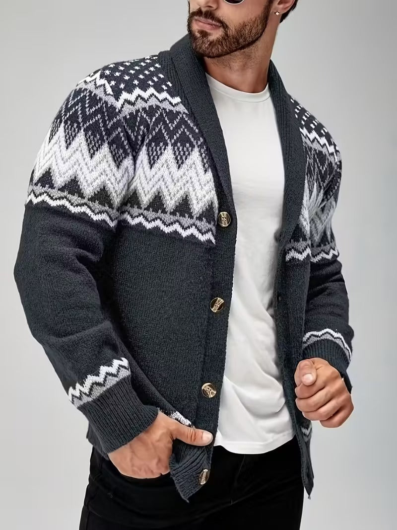Men’s Nordic Knit Button Cardigan - Shawl Collar Winter Sweater