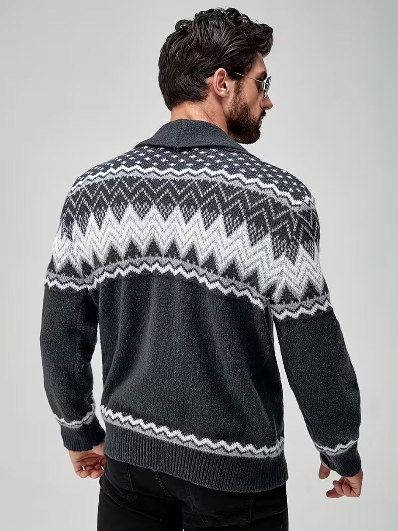 Men’s Nordic Knit Button Cardigan - Shawl Collar Winter Sweater