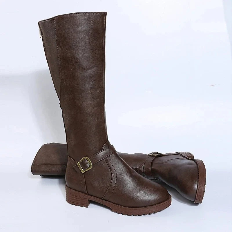 Women’s Knee-High Buckle Boots - Side Zip Low Heel Riding Style