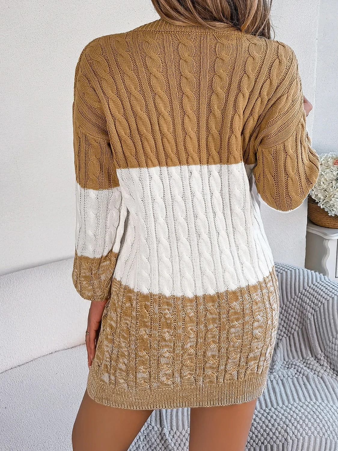 Women’s Cable Knit Sweater Dress - Two-Tone Long Sleeve Mini