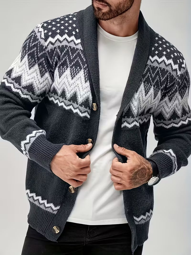 Men’s Nordic Knit Button Cardigan - Shawl Collar Winter Sweater