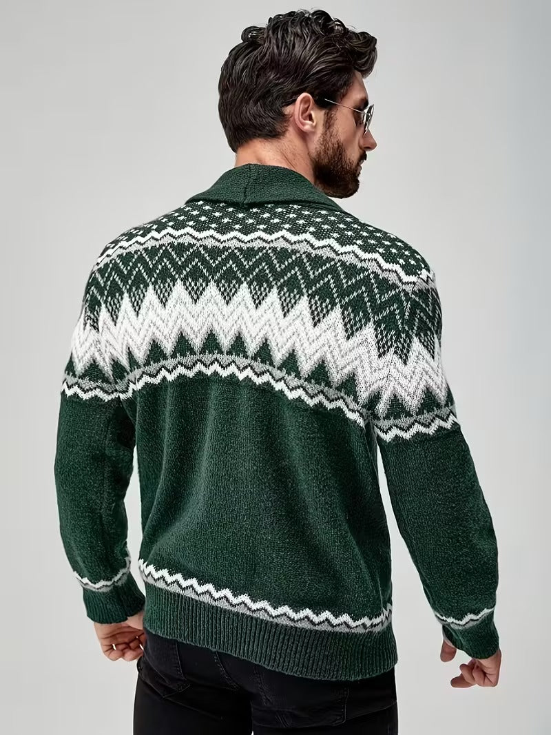 Men’s Nordic Knit Button Cardigan - Shawl Collar Winter Sweater