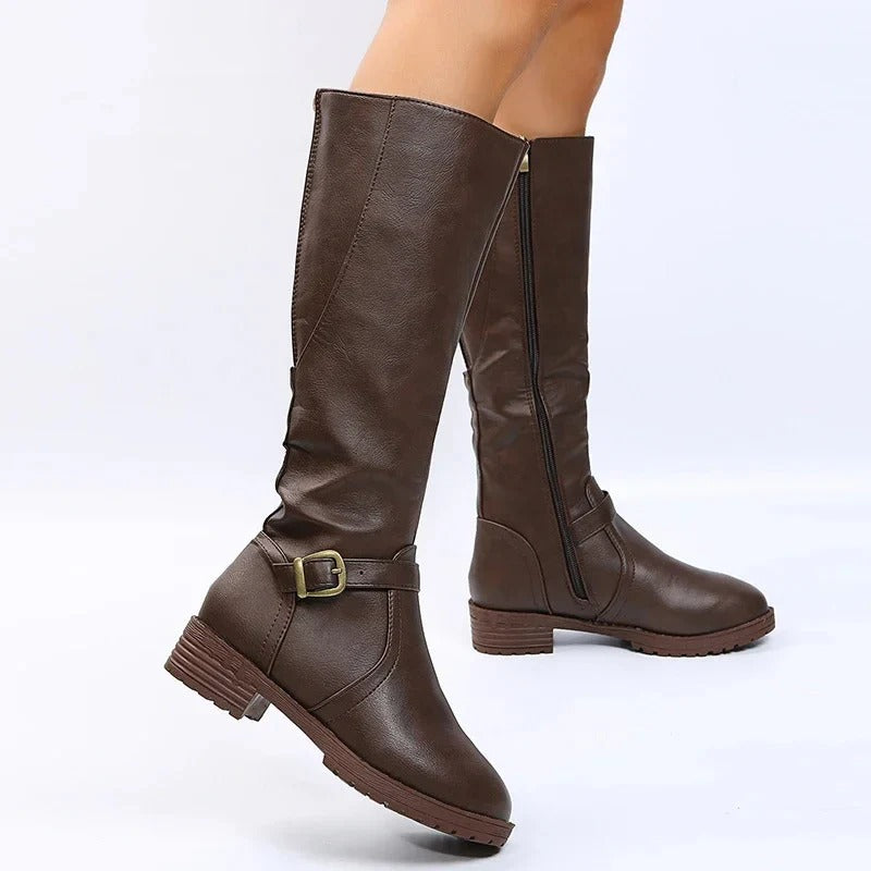 Women’s Knee-High Buckle Boots - Side Zip Low Heel Riding Style