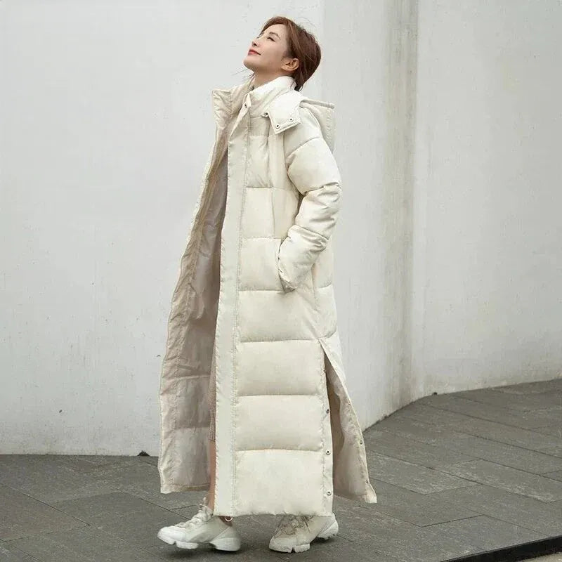 Women’s Longline Puffer Coat - Full-Length Hooded Winter Insulator