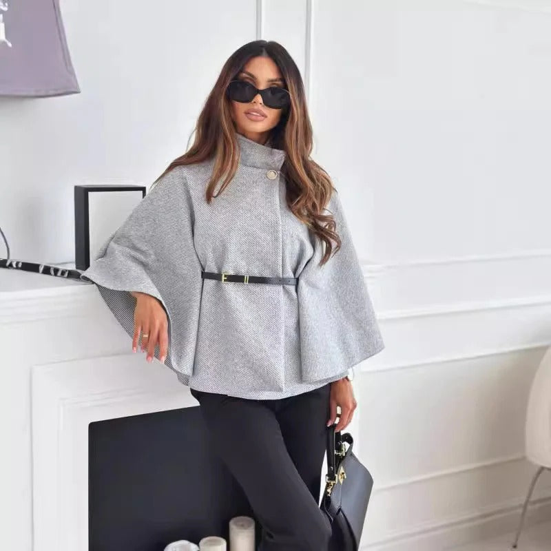 Women’s Belted Cape Jacket - Elegant High-Neck