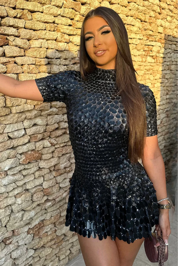 Women’s Sequin Mini Dress - Short Sleeve Party Cocktail Outfit