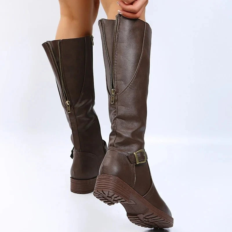 Women’s Knee-High Buckle Boots - Side Zip Low Heel Riding Style