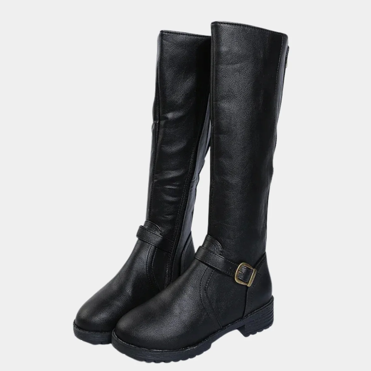 Women’s Knee-High Buckle Boots - Side Zip Low Heel Riding Style