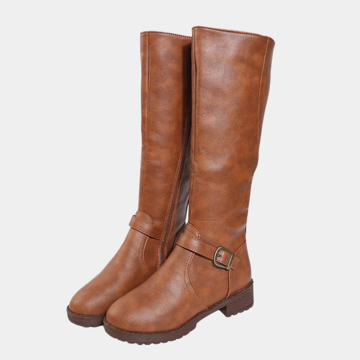 Women’s Knee-High Buckle Boots - Side Zip Low Heel Riding Style