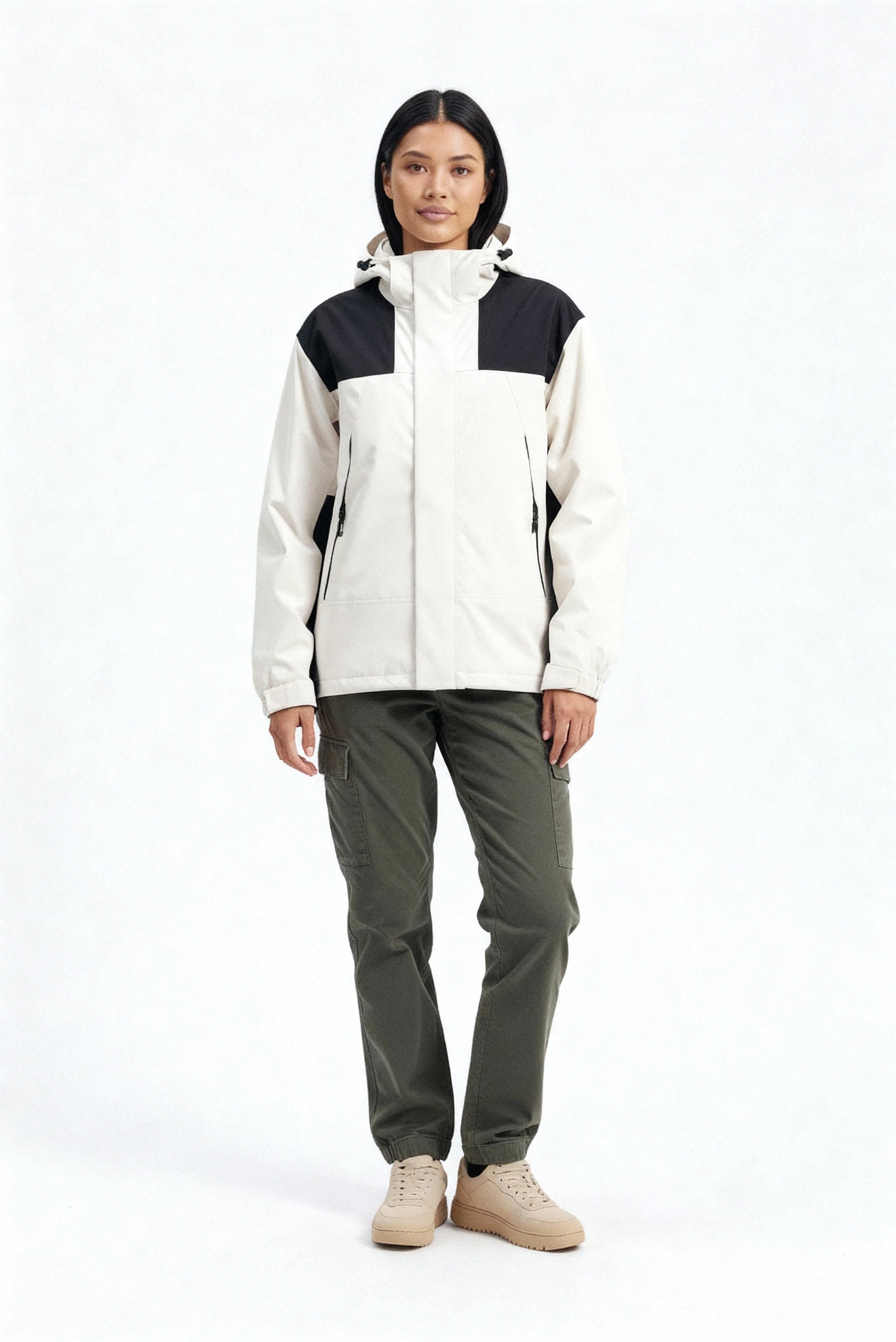 Women’s Two-Tone Hooded Outdoor Jacket - Functional Zip-Up Design
