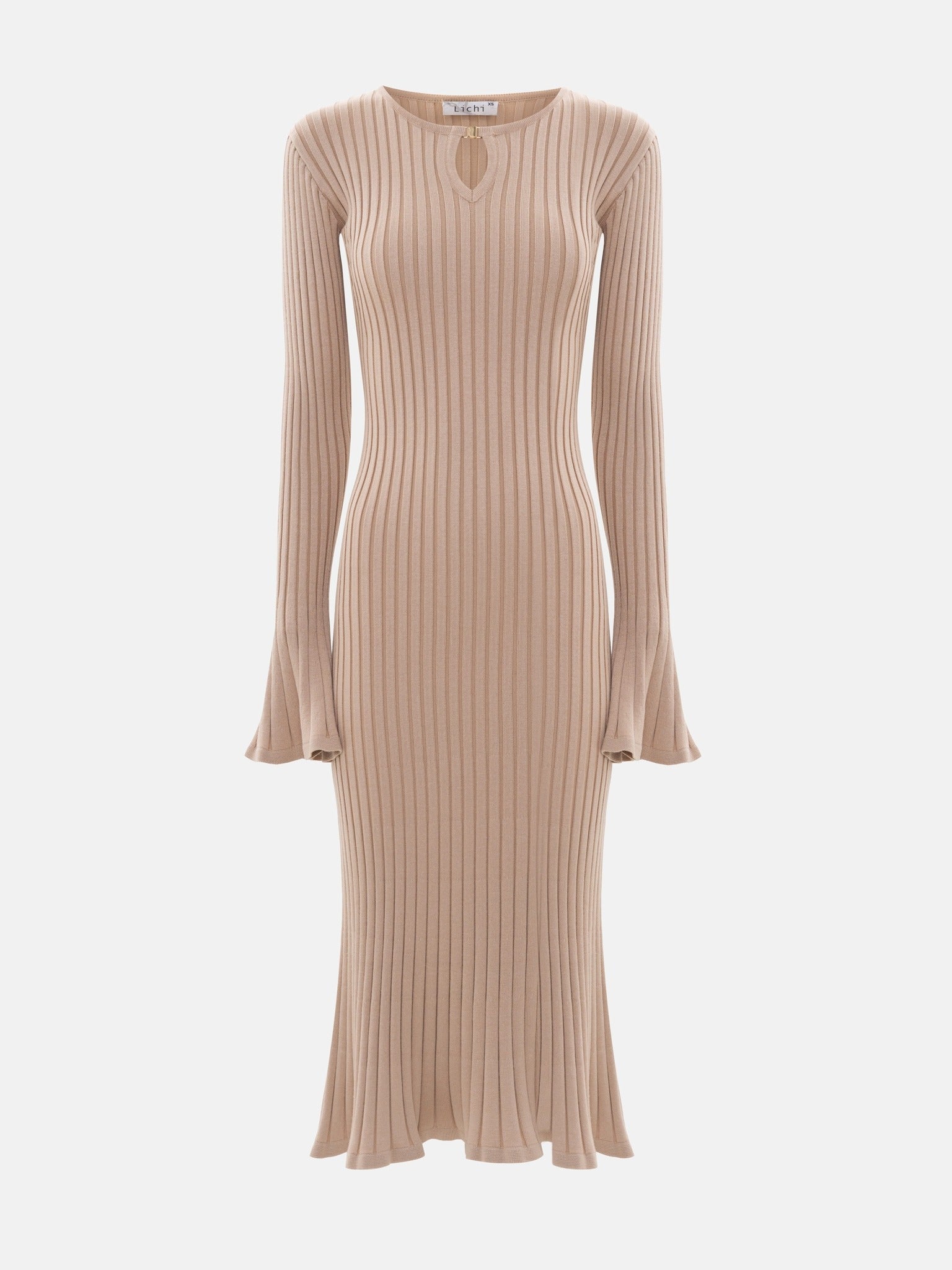 Women’s Ribbed Long Sleeve Midi Dress - Flared Cuff Detail