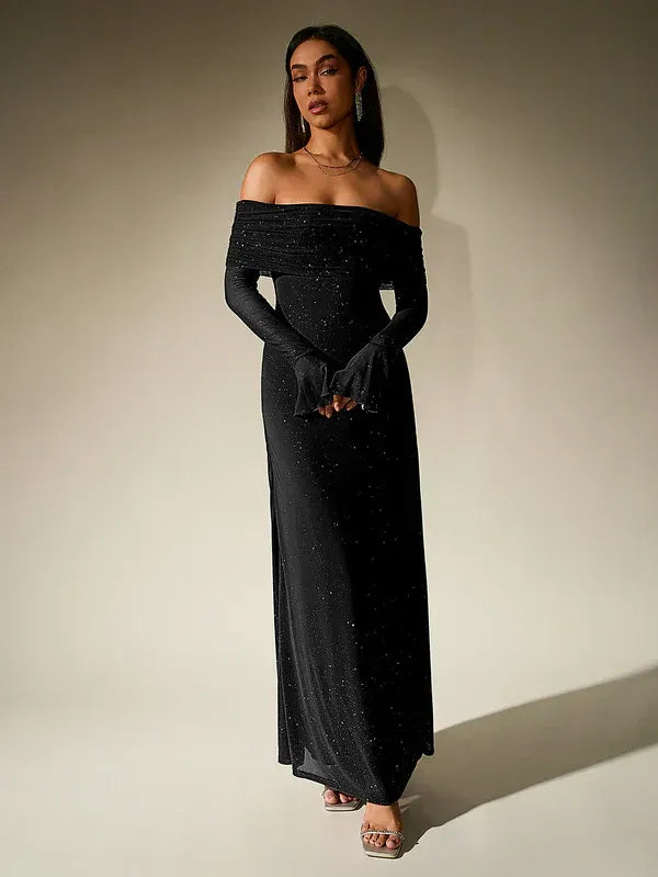 Women’s Off-Shoulder Evening Gown – Elegant Long Sleeve Maxi Dress