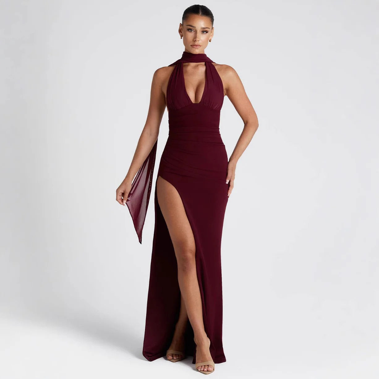 Women’s Halter Neck Evening Gown - Elegant Formal High Slit Dress