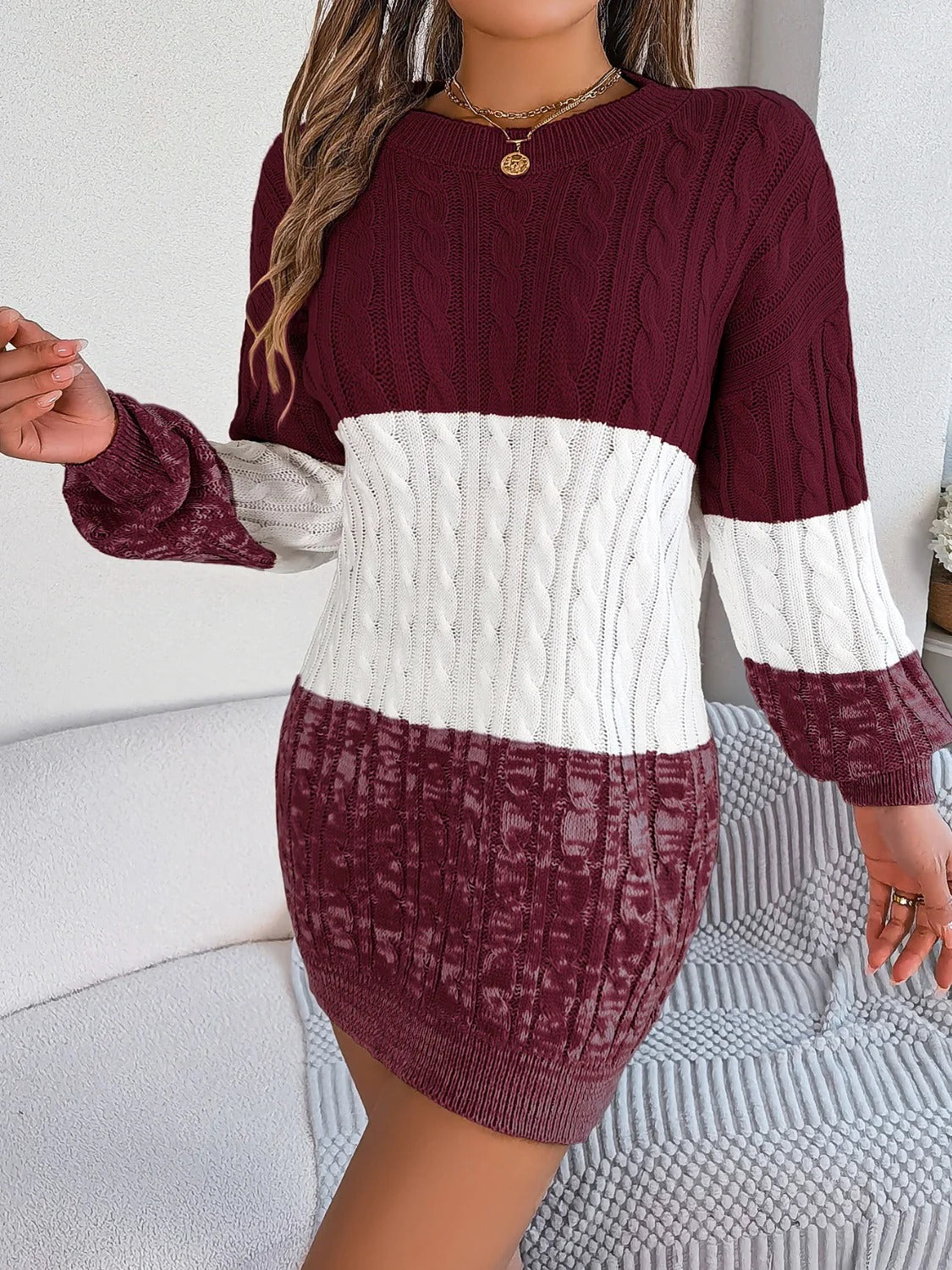 Women’s Cable Knit Sweater Dress - Two-Tone Long Sleeve Mini