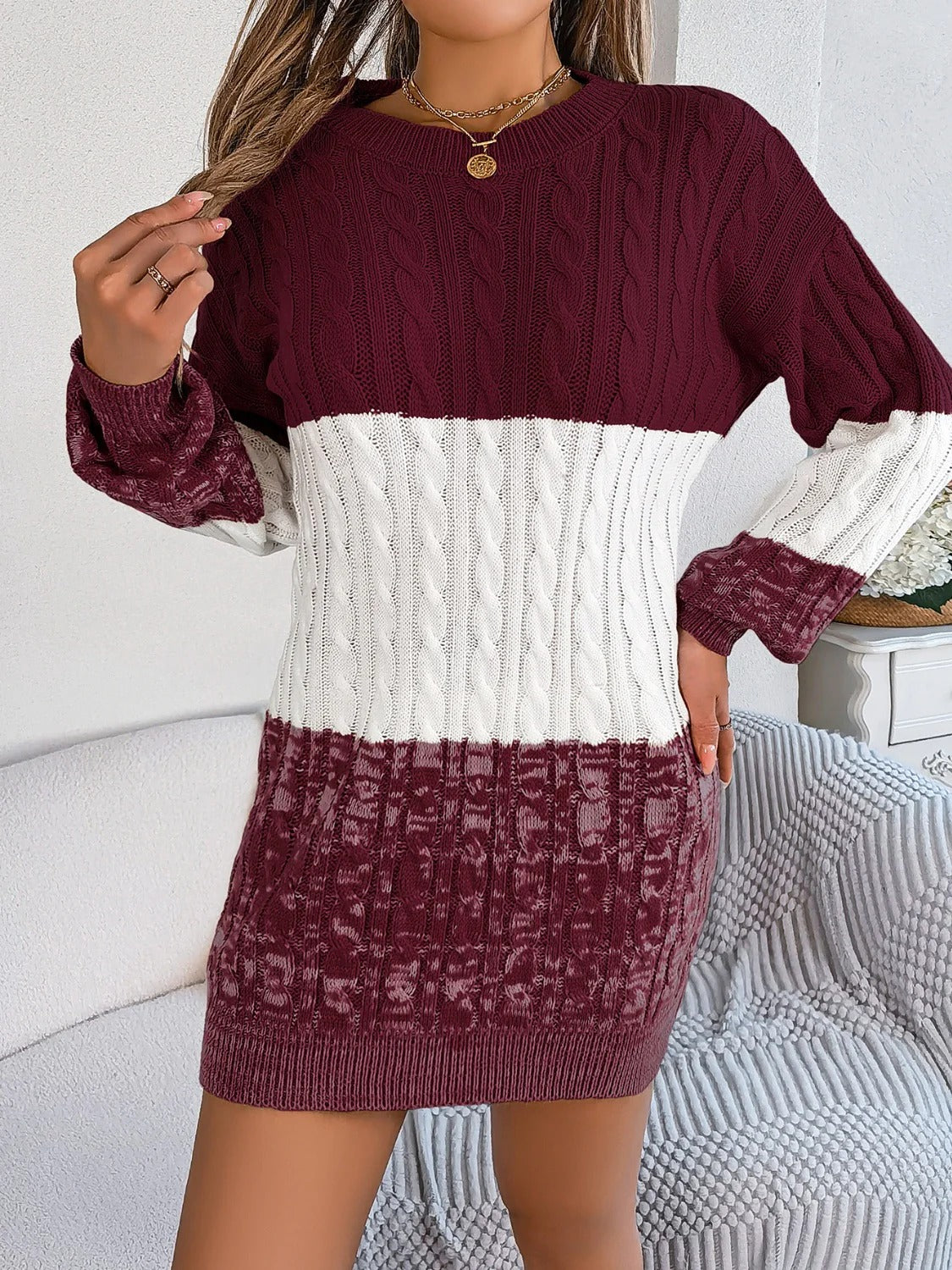 Women’s Cable Knit Sweater Dress - Two-Tone Long Sleeve Mini
