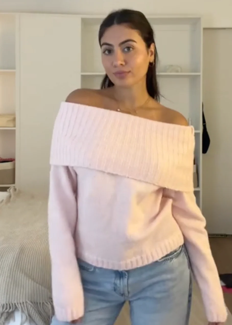 Women’s Off Shoulder Sweater - Wide Folded Neckline Pullover