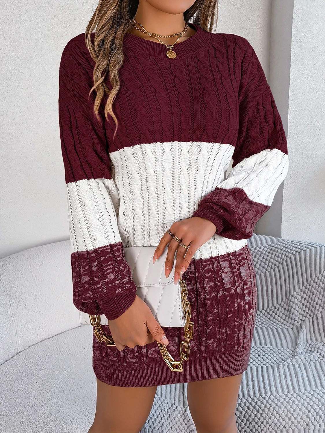 Women’s Cable Knit Sweater Dress - Two-Tone Long Sleeve Mini