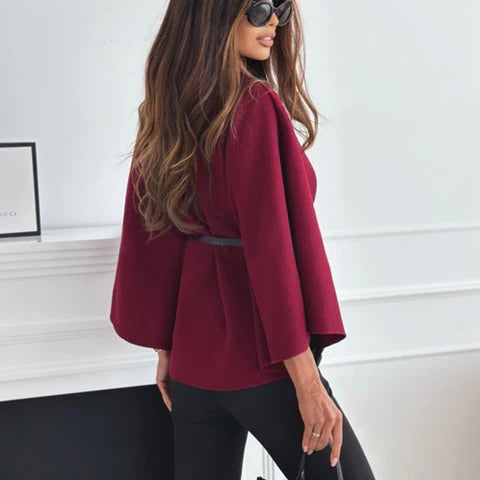 Women’s Belted Cape Jacket - Elegant High-Neck
