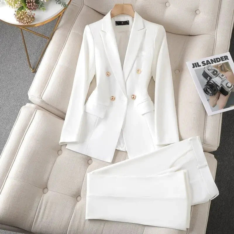 Women’s Double-Breasted Tailored Blazer Suit - Classic Gold Button Set