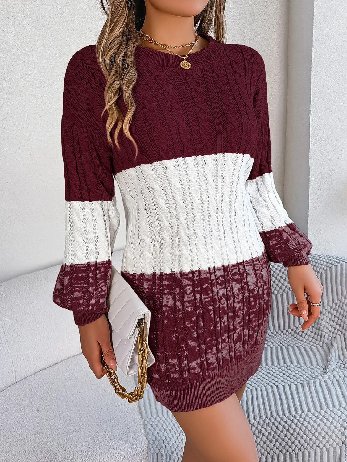 Women’s Cable Knit Sweater Dress - Two-Tone Long Sleeve Mini