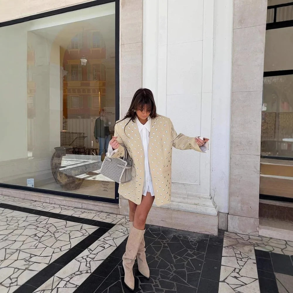 Women’s Embellished Oversized Blazer - Statement Crystal Detail