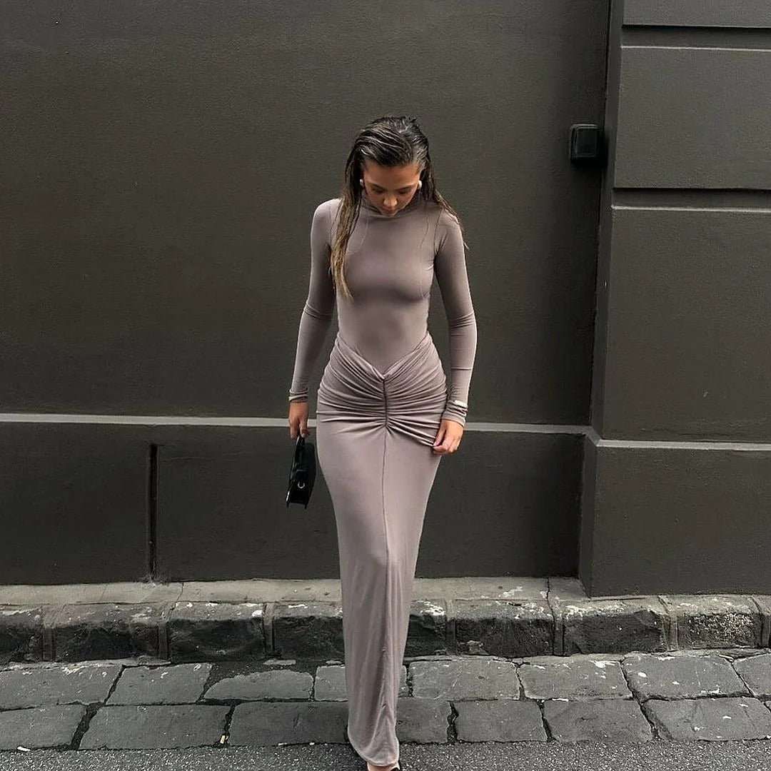 Women’s Long Sleeve Maxi Dress - High Neck Ruched Evening Gown