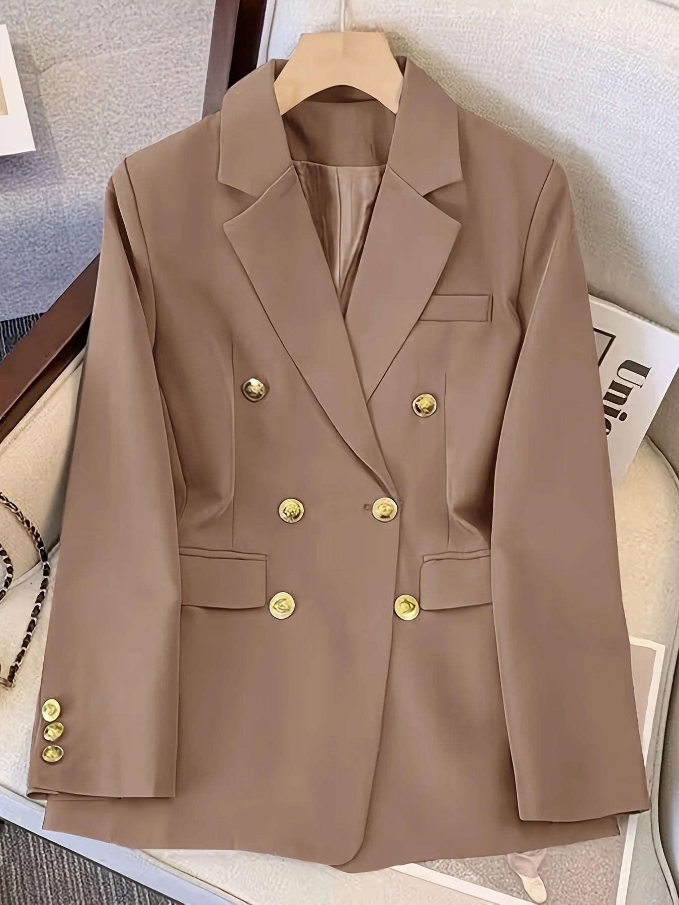 Women’s Double-Breasted Blazer - Gold Button Tailored Jacket