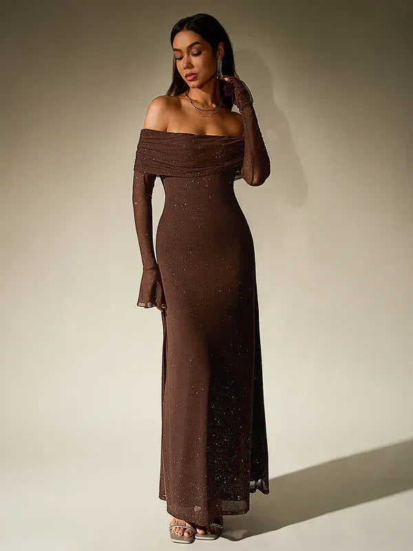 Women’s Off-Shoulder Evening Gown – Elegant Long Sleeve Maxi Dress