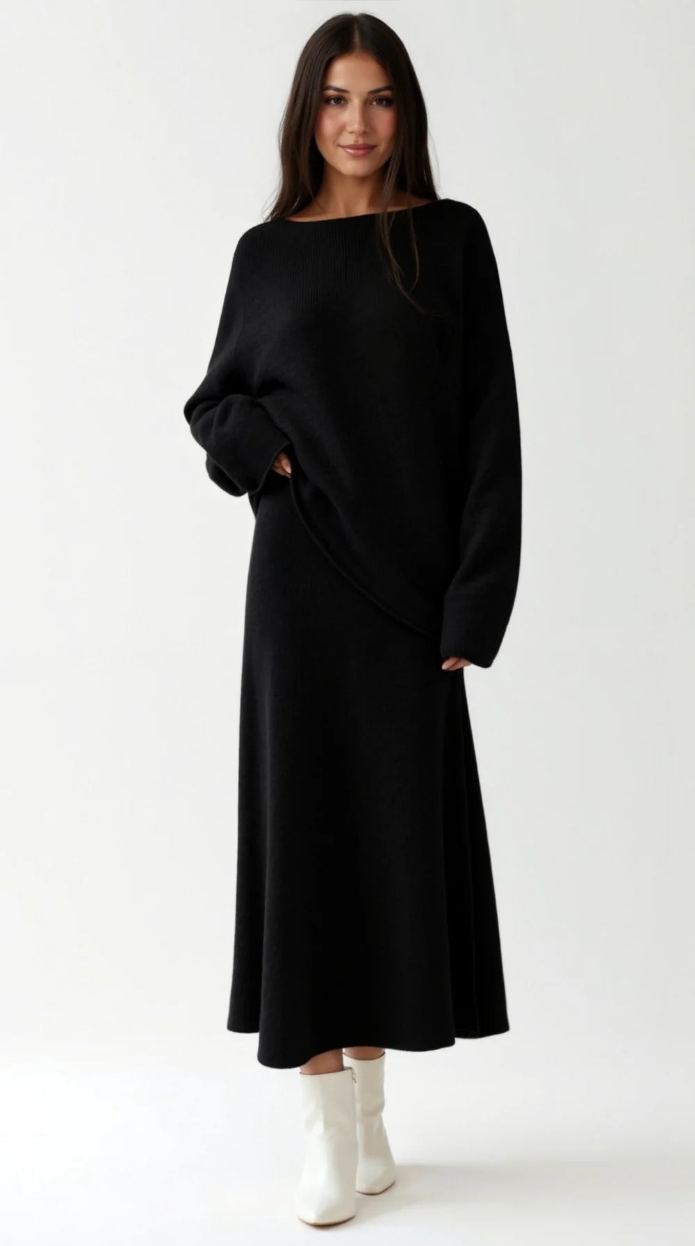 Women’s Serene Knit Two-Piece Set - Relaxed Top Flowing Midi Skirt