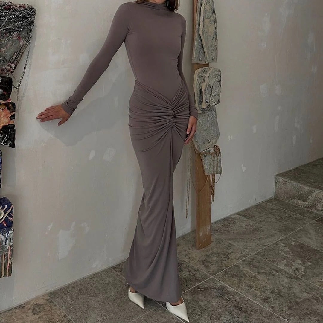 Women’s Long Sleeve Maxi Dress - High Neck Ruched Evening Gown