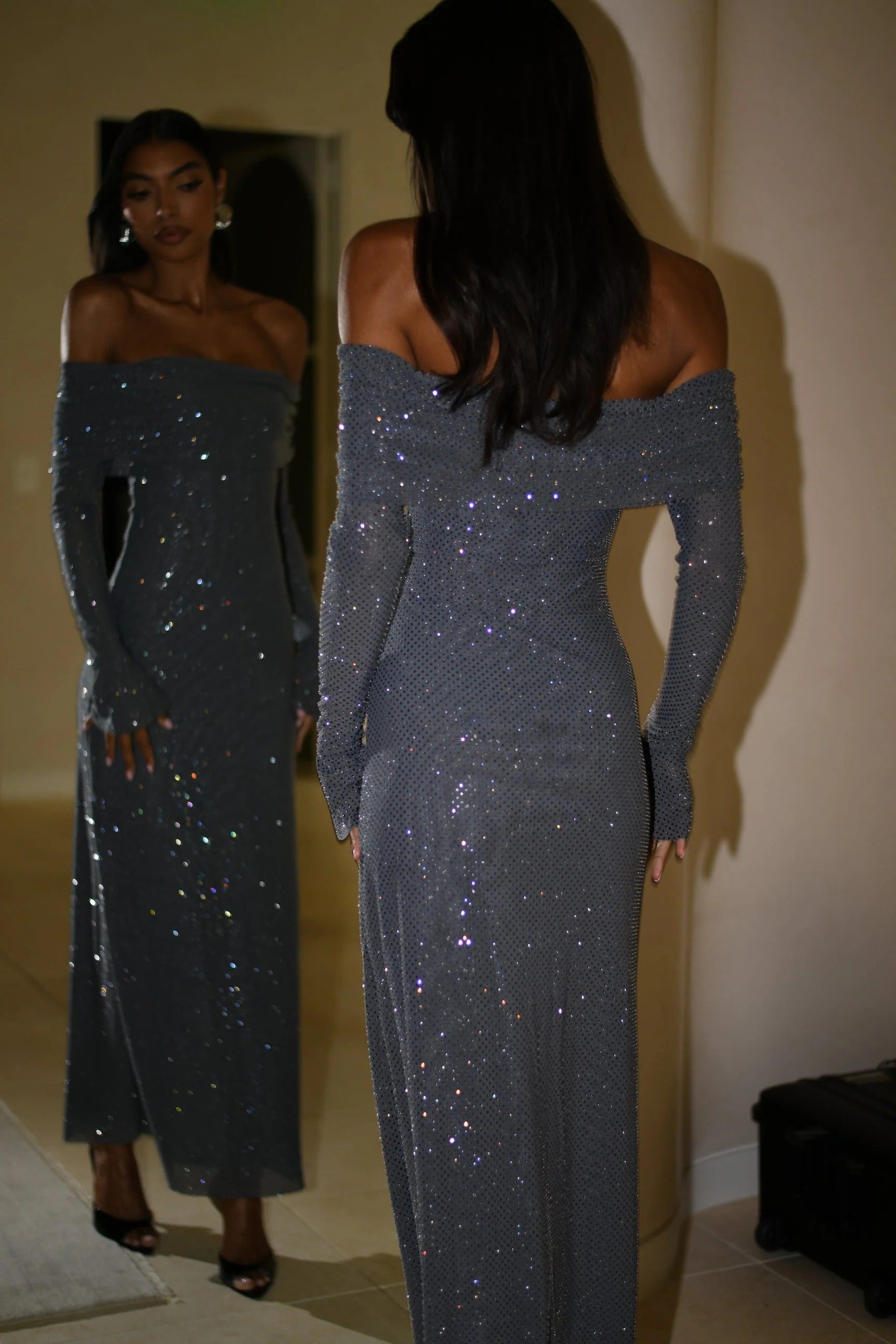 Women’s Off-Shoulder Sequin Evening Gown - Elegant Long Sleeve Dress