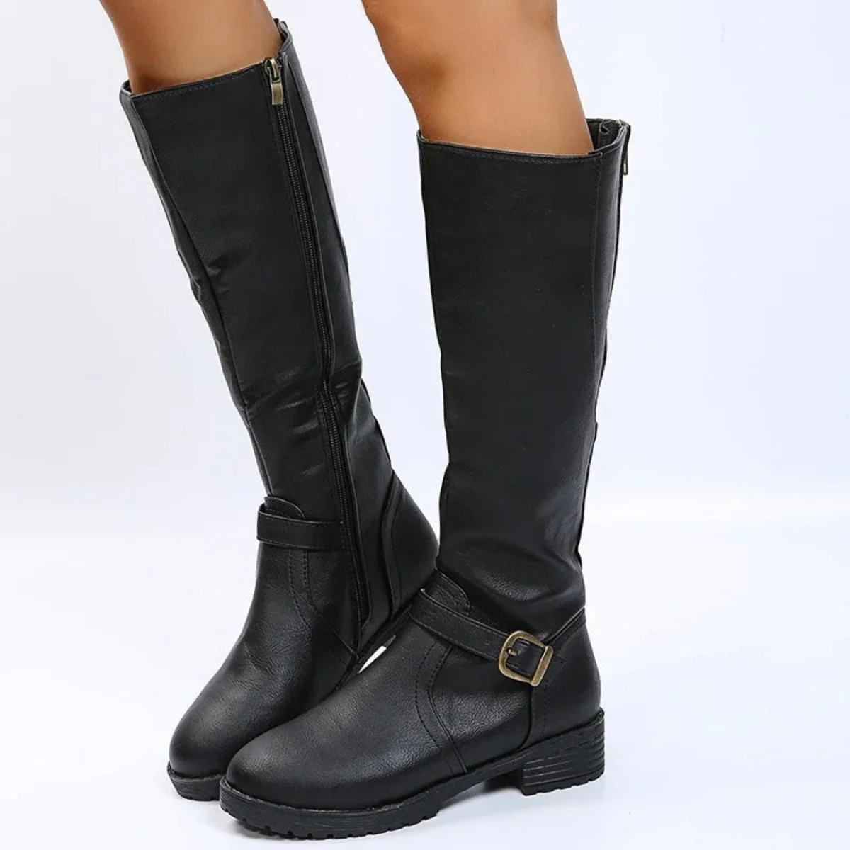 Women’s Knee-High Buckle Boots - Side Zip Low Heel Riding Style