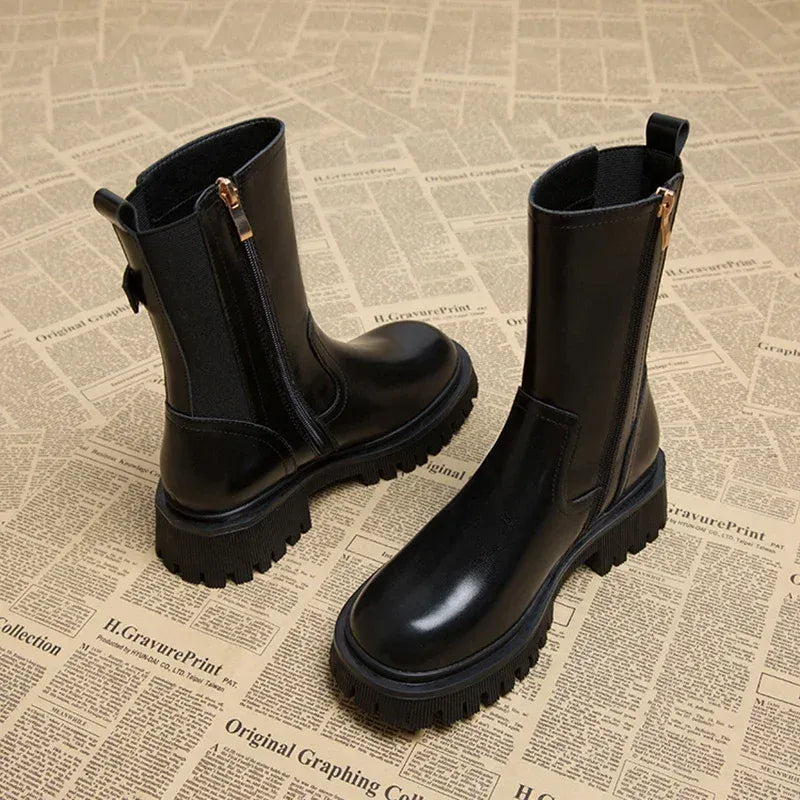 Women’s Mid-Calf Boots - Chunky Sole Buckle Side Zip