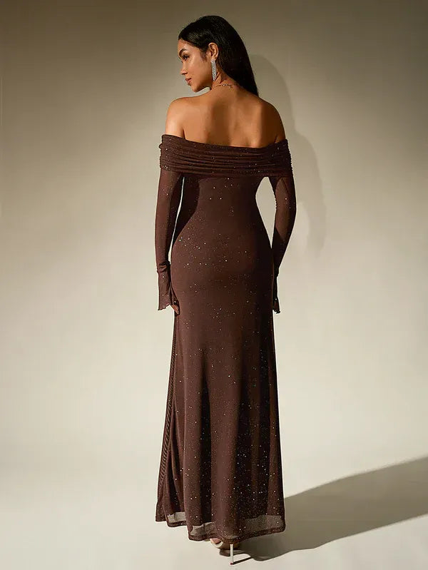 Women’s Off-Shoulder Evening Gown – Elegant Long Sleeve Maxi Dress