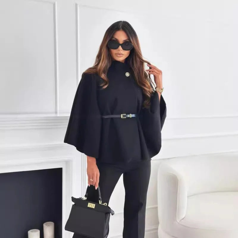 Women’s Belted Cape Jacket - Elegant High-Neck
