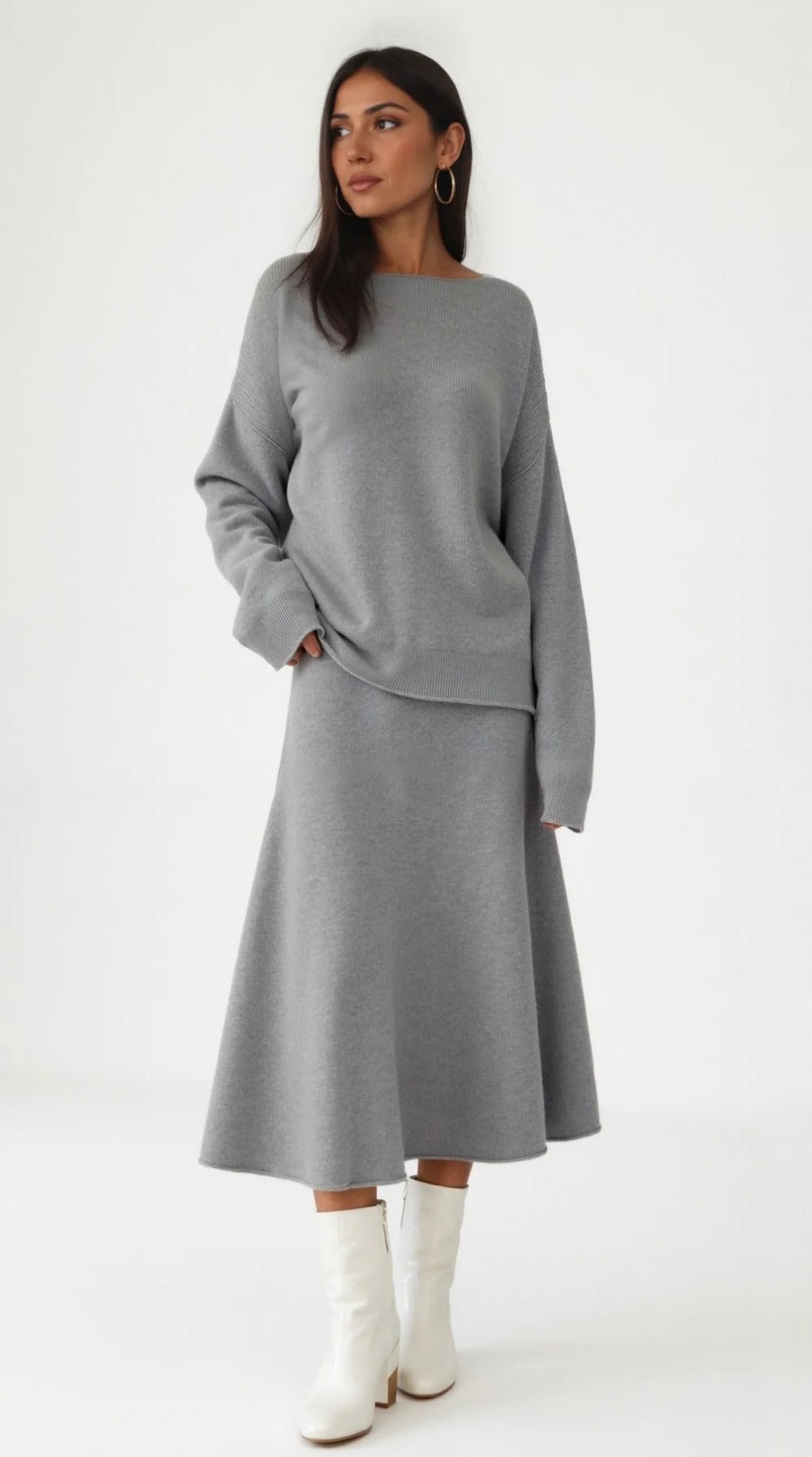 Women’s Serene Knit Two-Piece Set - Relaxed Top Flowing Midi Skirt