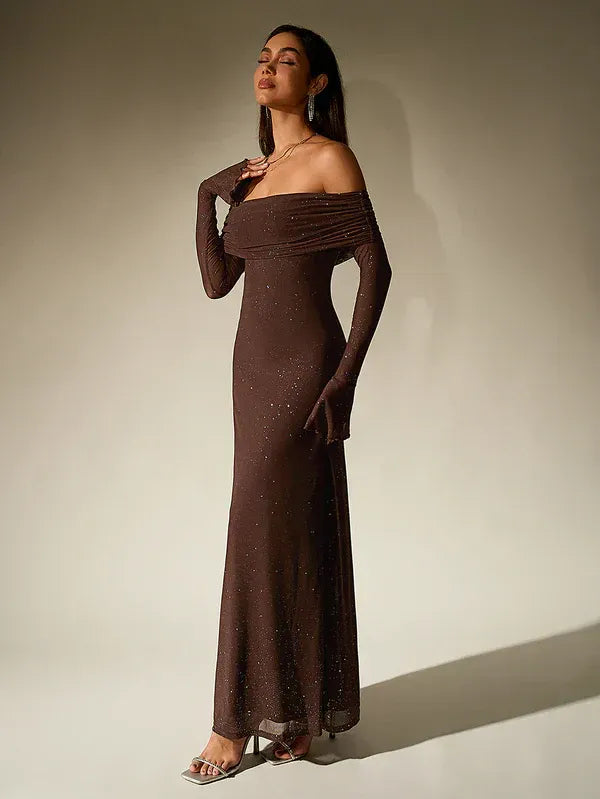 Women’s Off-Shoulder Evening Gown – Elegant Long Sleeve Maxi Dress