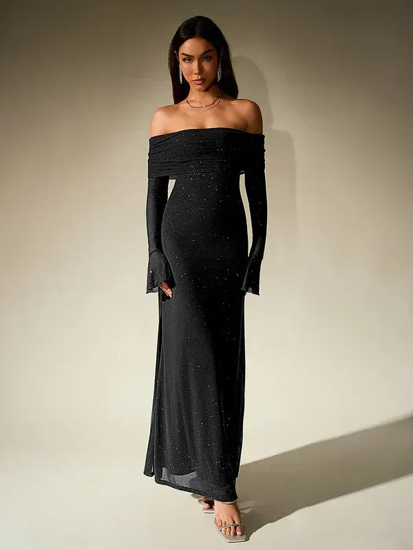 Women’s Off-Shoulder Evening Gown – Elegant Long Sleeve Maxi Dress