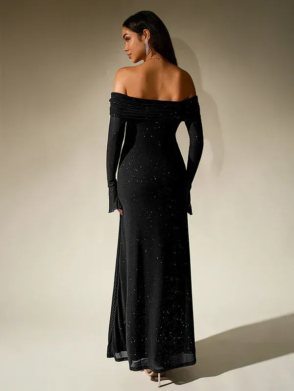 Women’s Off-Shoulder Evening Gown – Elegant Long Sleeve Maxi Dress