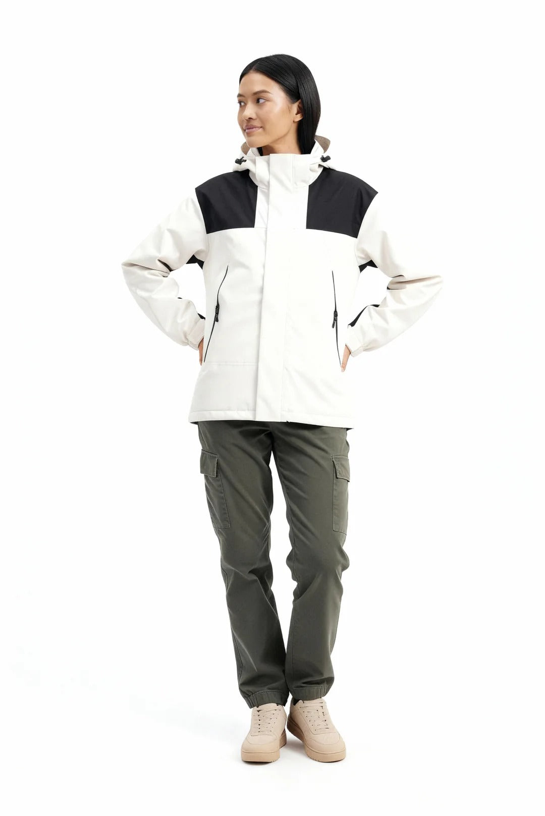 Women’s Two-Tone Hooded Outdoor Jacket - Functional Zip-Up Design