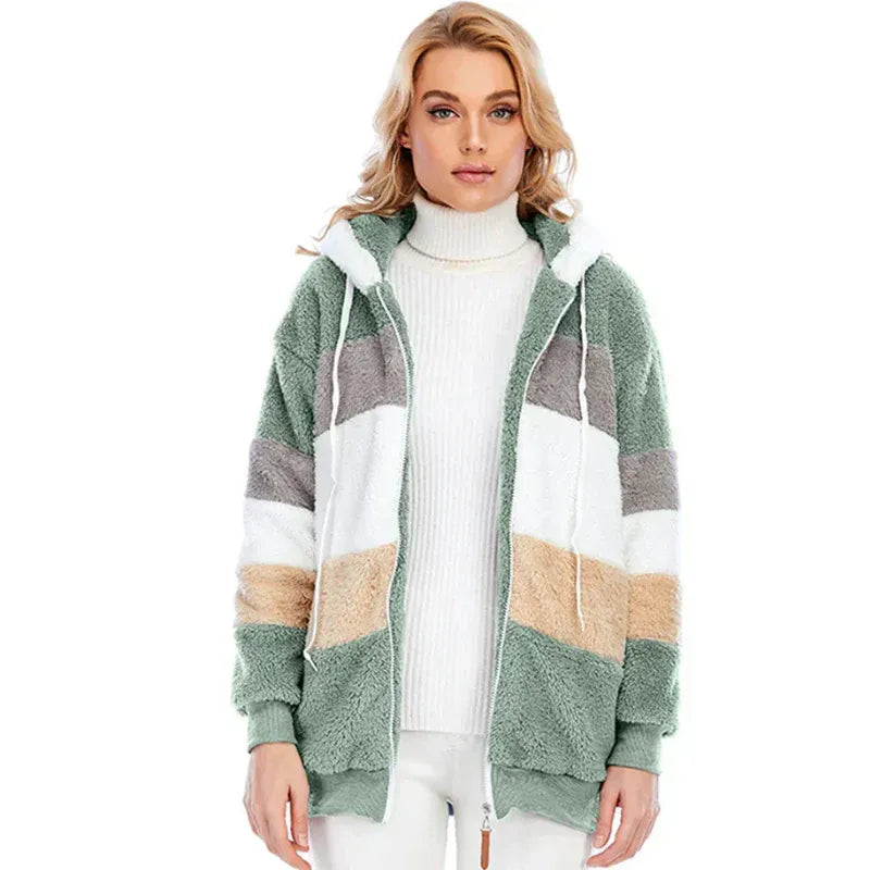Women’s Cozy Striped Zip-Up Hooded Jacket