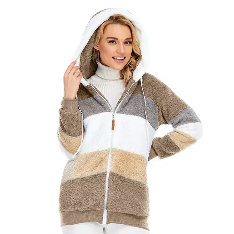 Women’s Cozy Striped Zip-Up Hooded Jacket