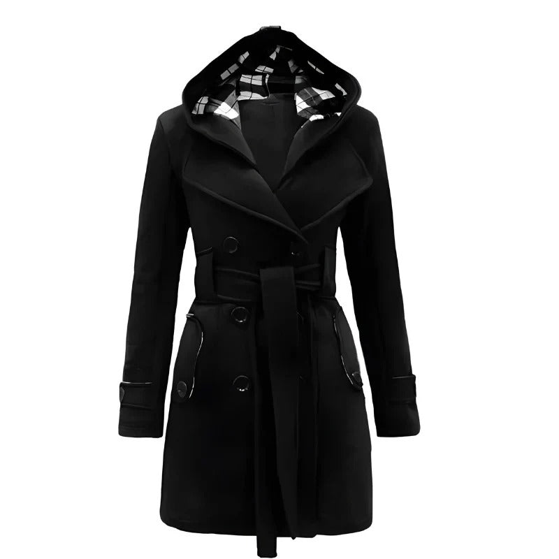 Women’s Double-Breasted Hooded Trench Coat - Elegant Belted Long Jacket