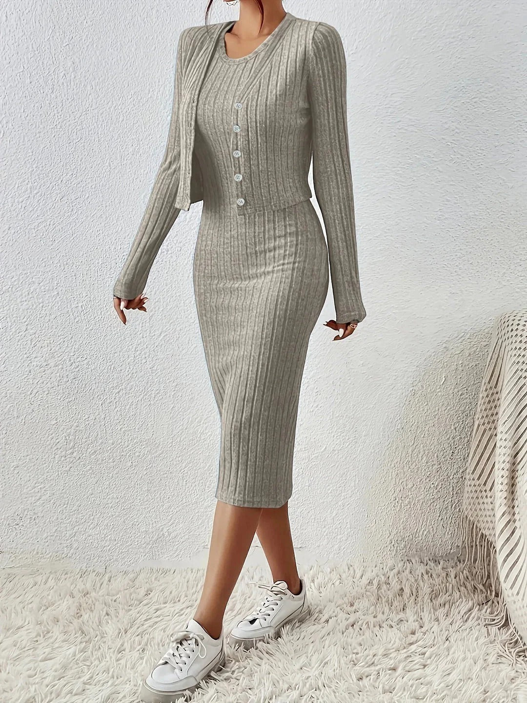 Women’s Serena Ribbed Knit Two-Piece Set – Button Front Midi Dress Matching Cardigan