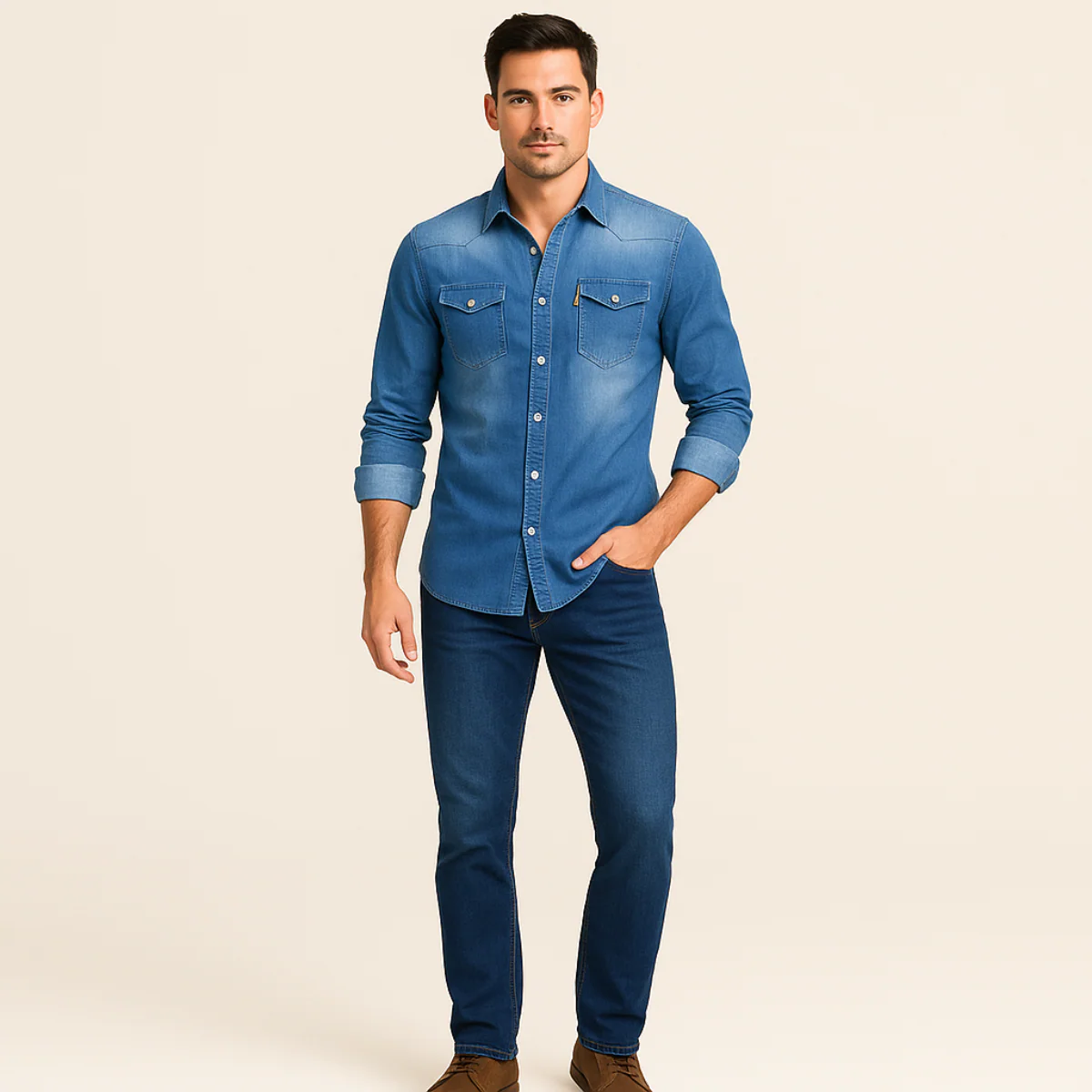 Men’s Classic Denim Shirt - Casual Button-Up Long Sleeve