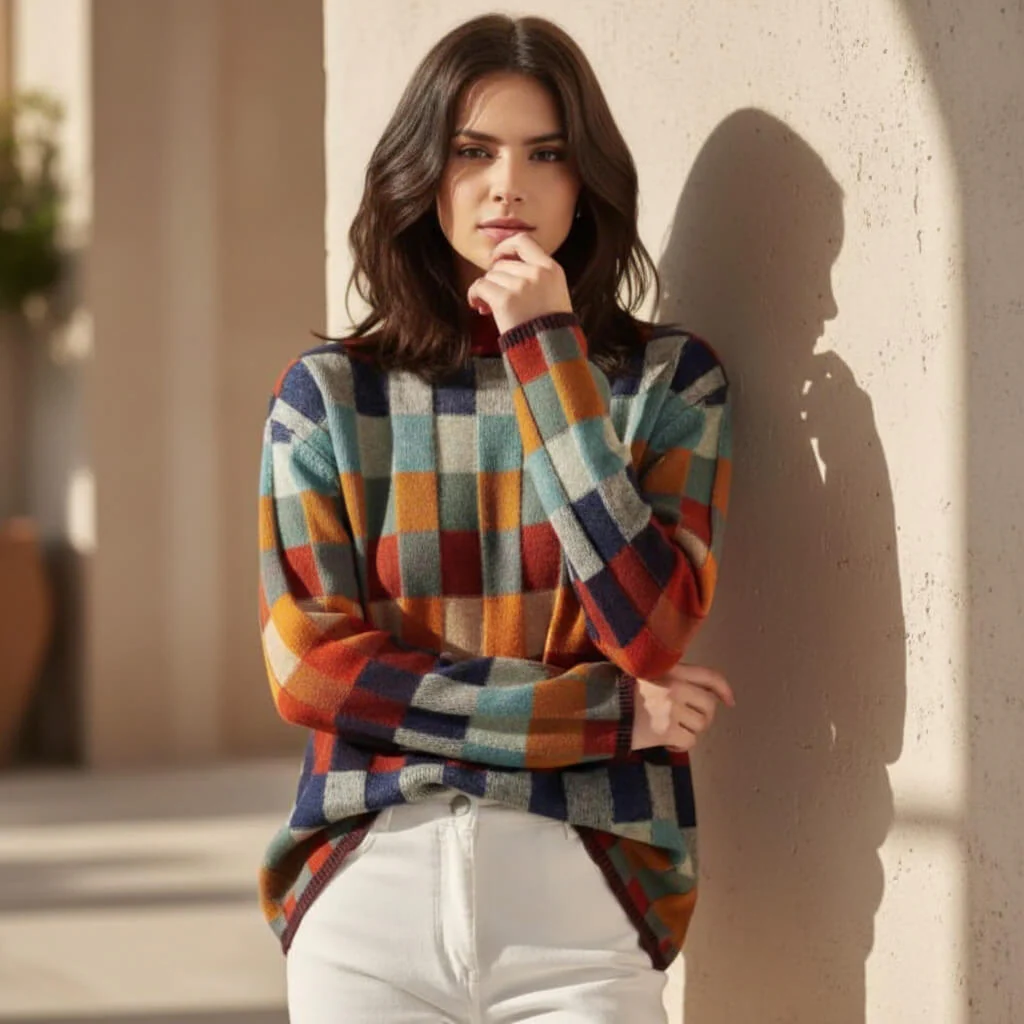 Women’s Checkered Crewneck Sweater - Long Sleeve Pullover