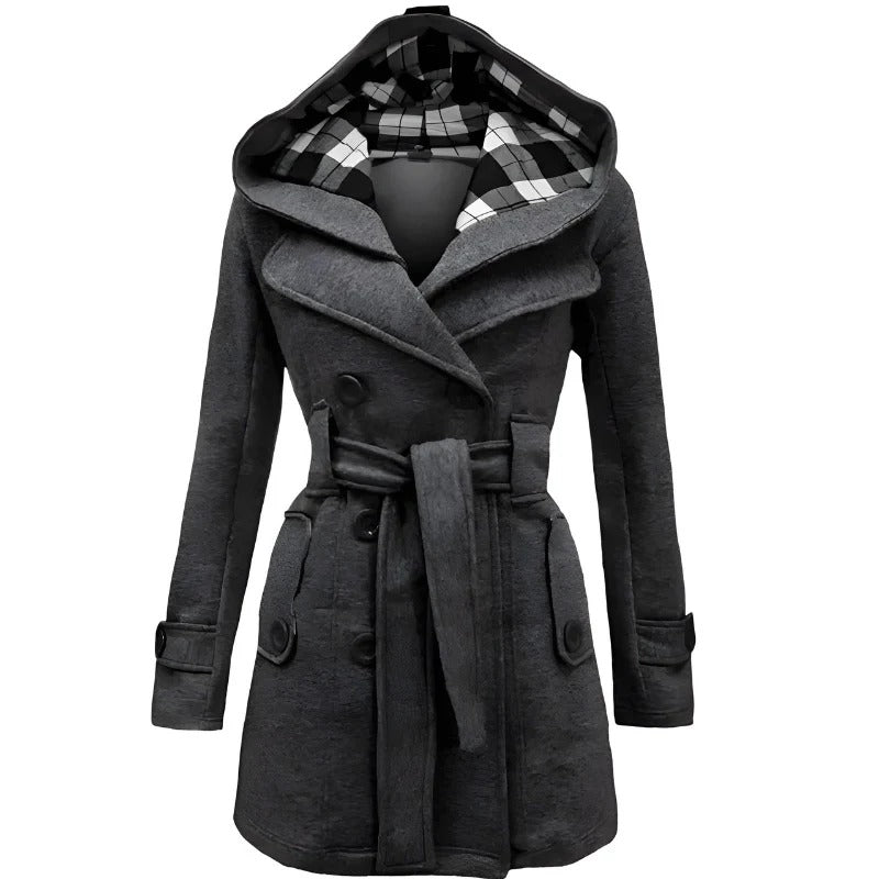 Women’s Double-Breasted Hooded Trench Coat - Elegant Belted Long Jacket